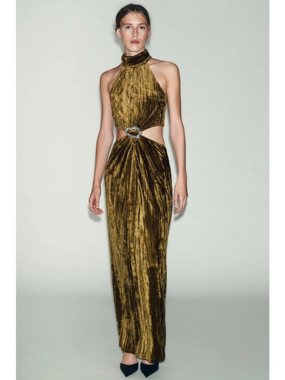 Zara Womens Cutout Maxi Dress Velvet S Small Ochre Jewel Detail 1223/632 NWT